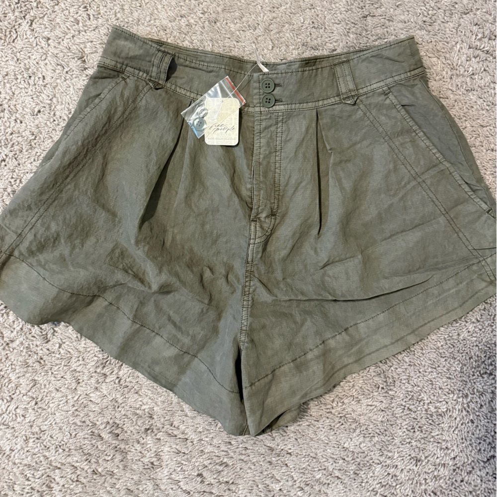 Free People Olive Green High-Waist Linen-Blend Shorts